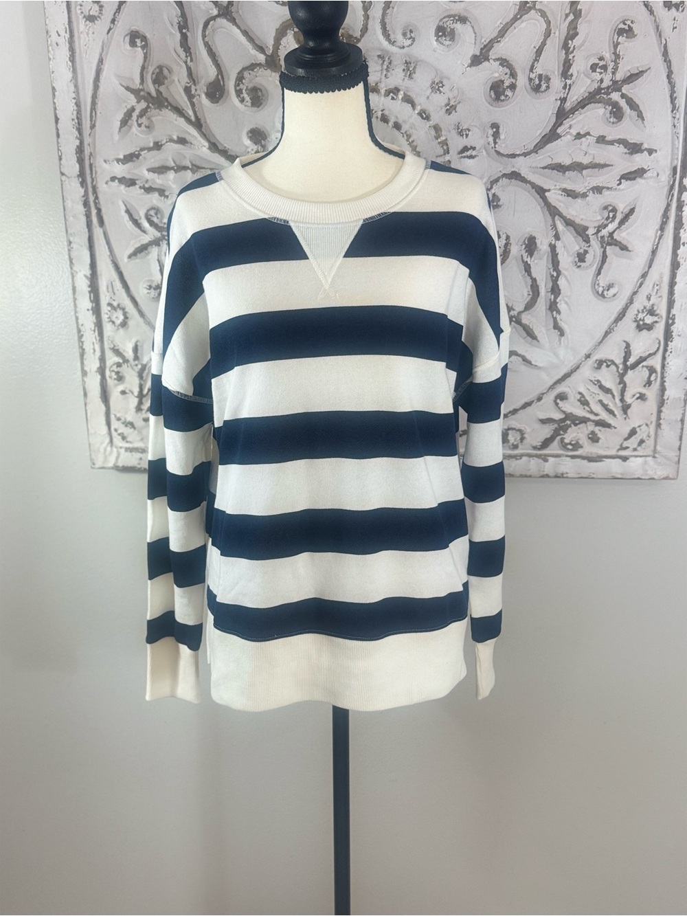 Time and Tru Navy & Cream Striped Crewneck Sweater